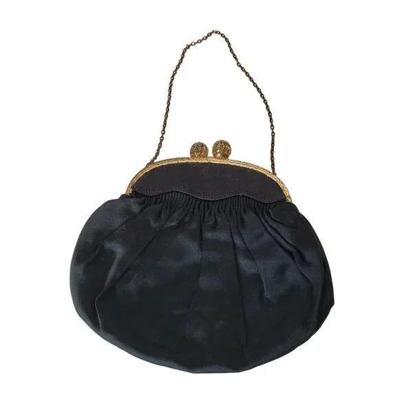 Vintage Black Kiss Lock Clasp Purse Hand Embroidered Rose Vines and Flowers - Picture 3 of 10